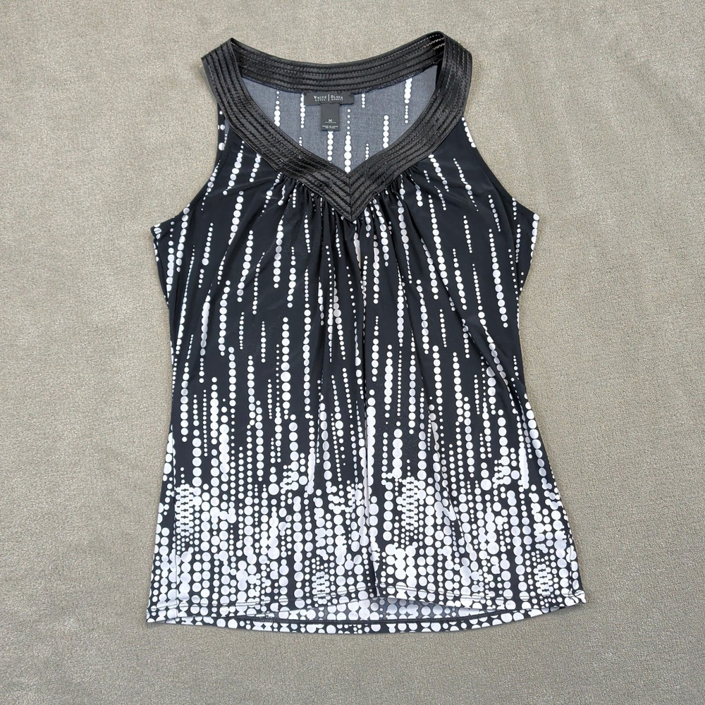 White House Black Market Tank Top Womens Medium Black White Polka Dot V Neck